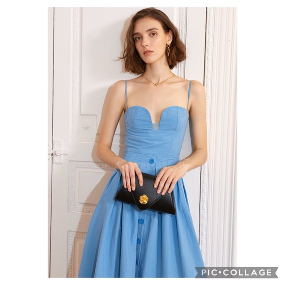 AEL Amy Enjoy Life Studio Marion Bustier Blue Button A-Line Midi Dress Size M - Picture 12 of 12